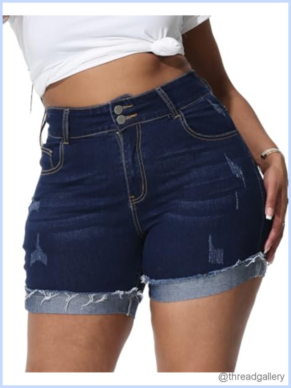 Plus Size High Waisted Stretchy Ripped Frayed Folded Hem Denim Shorts